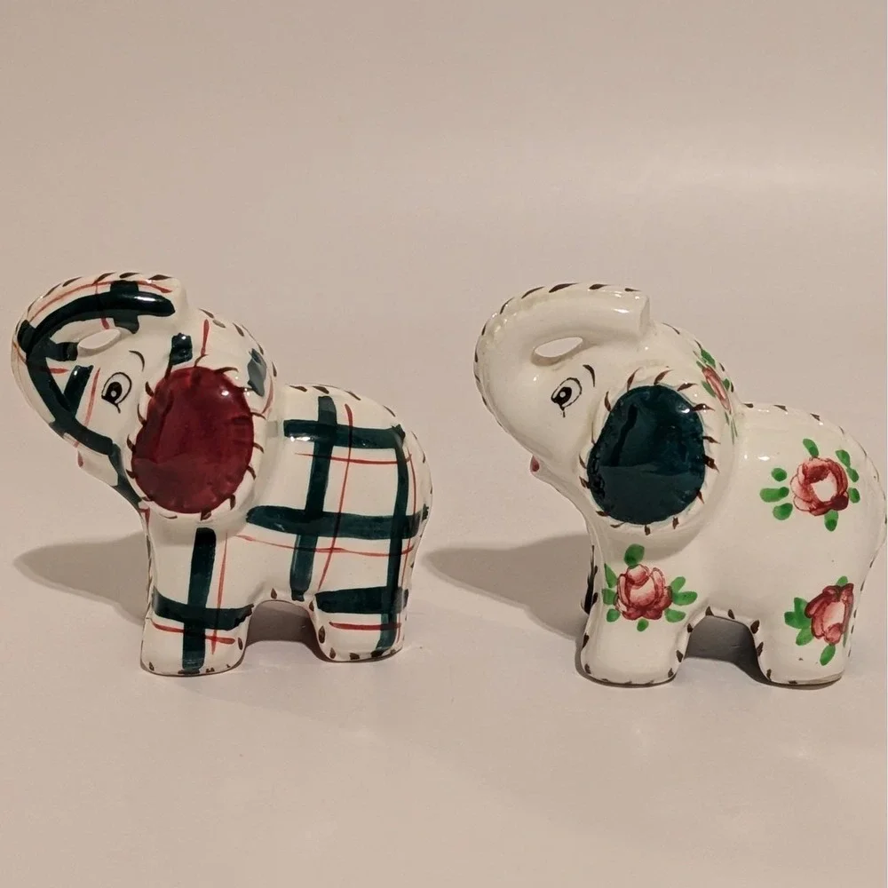 Vintage Quilted Elephant Salt And Pepper Shakers Floral Made In Japan